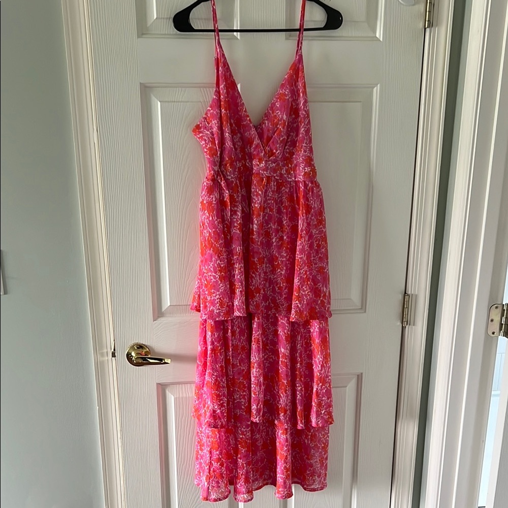 Lulu's Pink and Orange Tiered Midi Dress